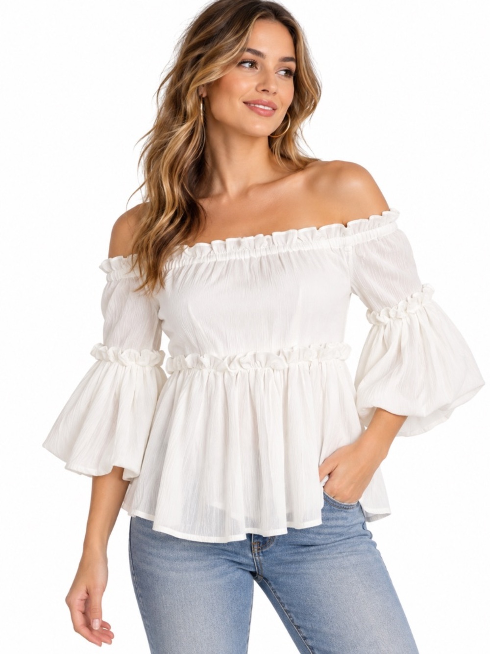 J.O.A Off-Shoulder White Ruffle Babydoll Peasant Bell Sleeve Romantic Top Size S